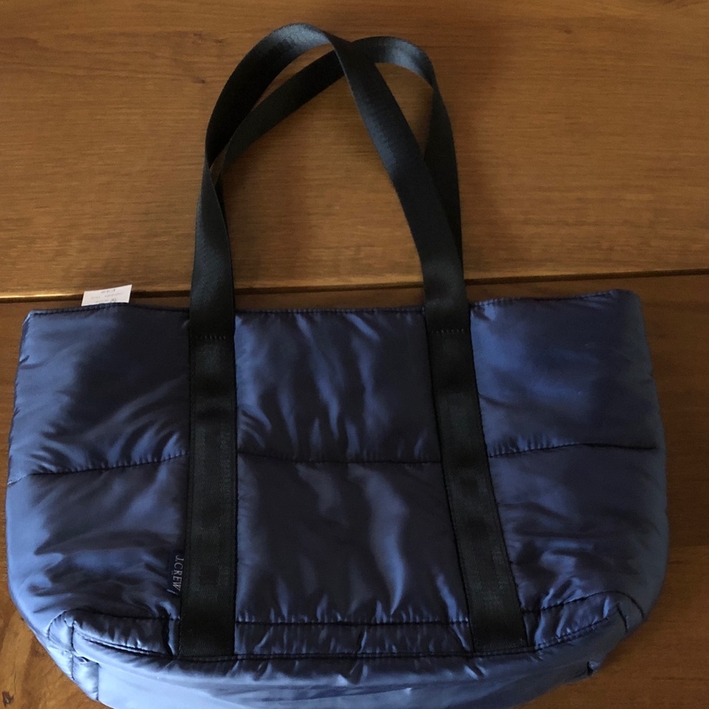 J Crew Navy Quilted puffer Tote Bag with Black Handles